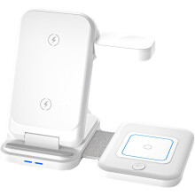 Cell Phone Smart Watch Wireless Charging Station Stand Dock Holder 3 in 1 USB Ambient Light Control Power Adapter(White)