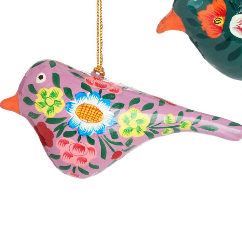 (Pink) Kashmiri Papier Mache Festive Bird Decoration - Assorted