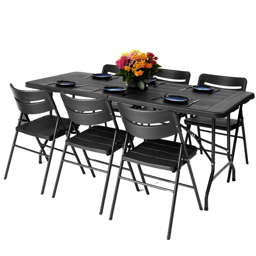 Novecrafto (Table & 6 Chairs Set - Black Wood) Heavy-Duty Picnic Folding Table Beer Bench Garden Folding Chair Portable Furniture Set