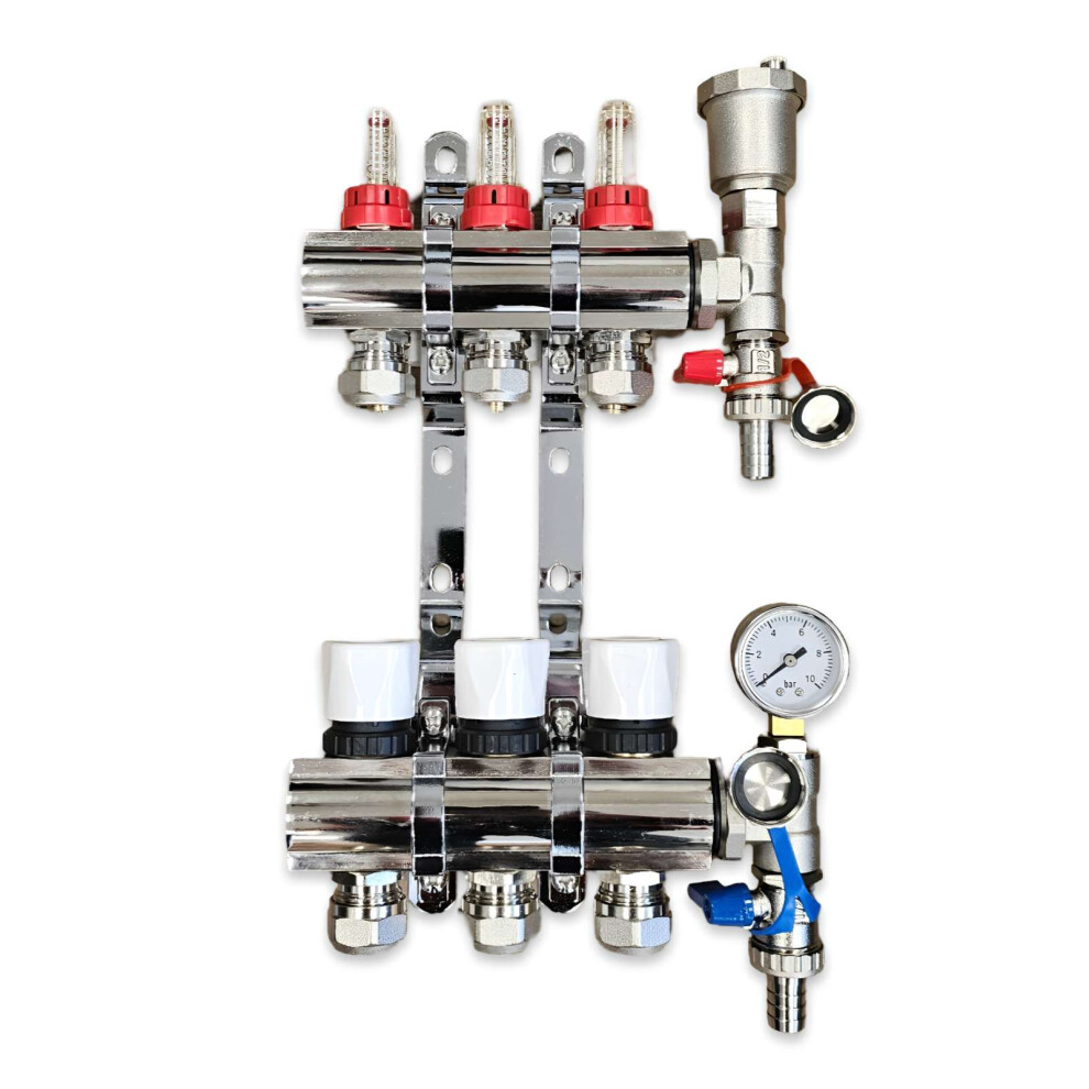(Not Required, 17Mm X 3/4') 3 Port Underfloor Heating Manifold With Pipe Connections,Automatic Air Vent And Pressure Gauge Unit 5060706097594