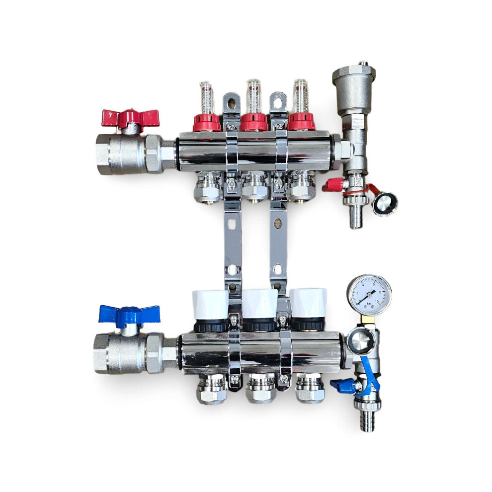 (Normal Set of 2, 16mm x 3/4'') 3 Port Underfloor Heating  Manifold with Pipe Connections,Automatic Air Vent and Pressure Gauge Unit