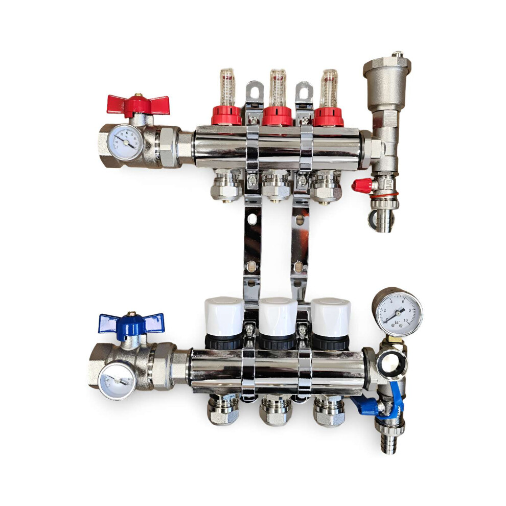 (With Thermometer Set Of 2, 16Mm X 3/4'') 3 Port Underfloor Heating Manifold With Pipe Connections,Automatic Air Vent And Pressure Gauge Unit 5060706097709