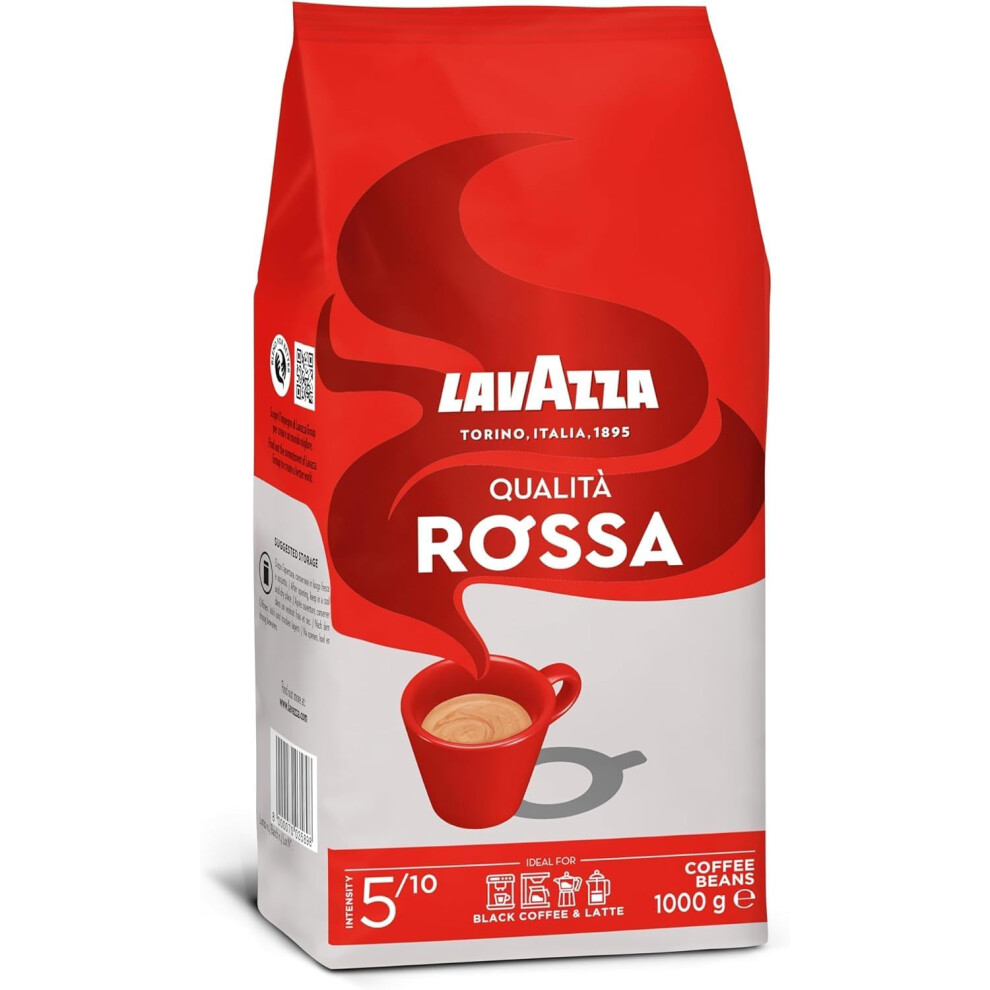 Lavazza, QualitÃ  Rossa, Coffee Beans, with Aromatic Notes of Chocolate and Dried Fruit, Arabica and Robusta, Intensity 5/10, Medium Roasting, 1 Kg