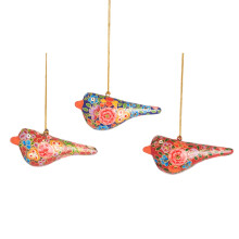 Set of 3 Kashmiri Papier Mache Festive Bird Decorations - Assorted