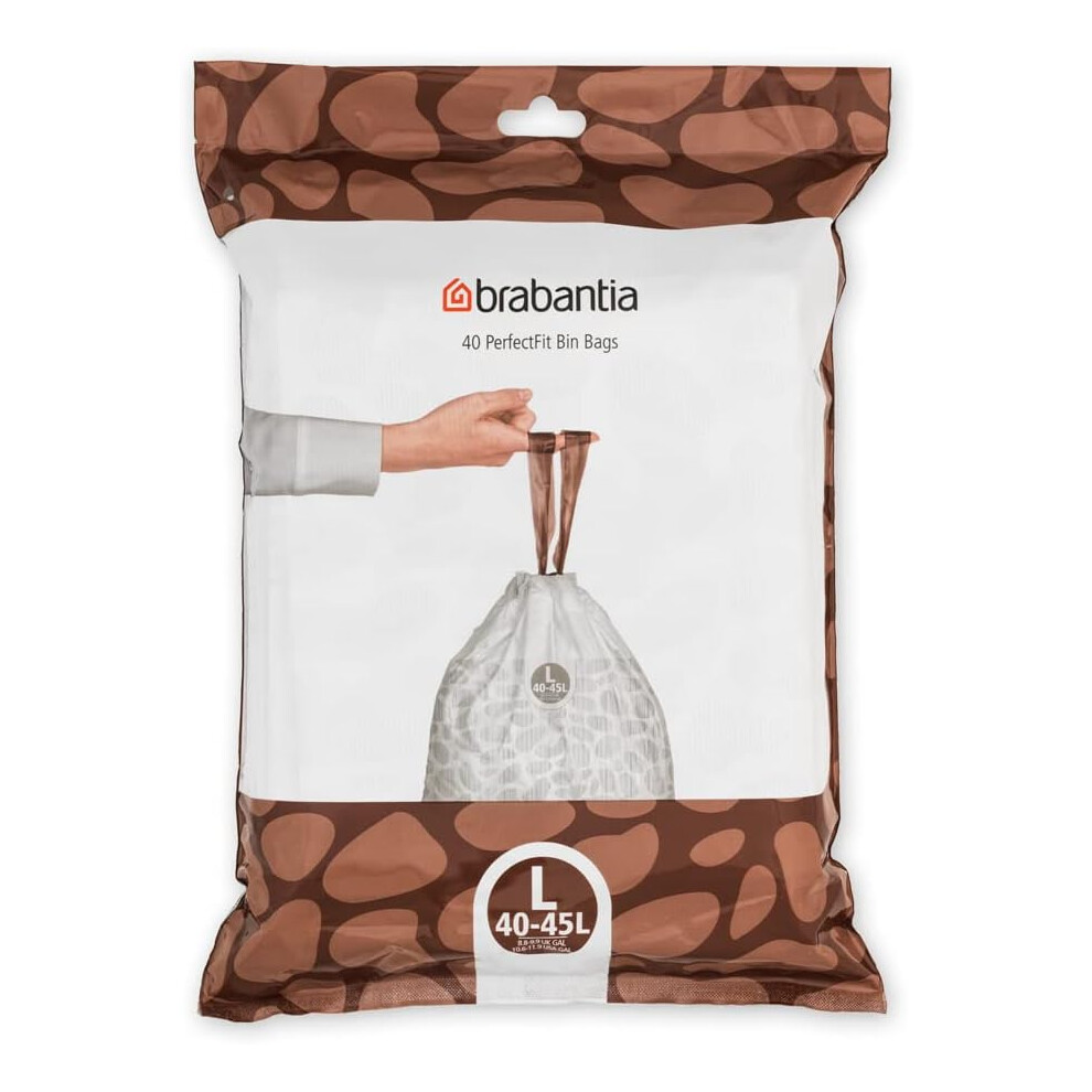 Brabantia 138645 PerfectFit Bin Liners (Size L/40-45 Litre) Thick Plastic Trash Bags with Tie Tape Drawstring Handles (40 Bags), White