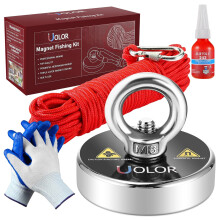Uolor Magnet Fishing Kit with Rope 20M(66ft), Gloves & Threadlocker, N35 Super Power 160KG(353LB) Pull Force Round Neodymium Eyebolt Fishin