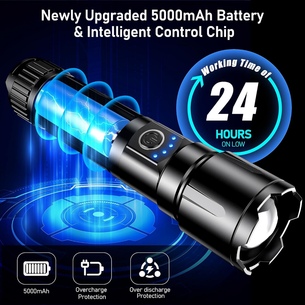 Blukar Store Blukar Led Torch, 20000 Lumens Super Bright Torches Led - Adjustable Focus, 5000 Mah, Ip67 Waterproof, Powerful Long Lasting Handheld Light