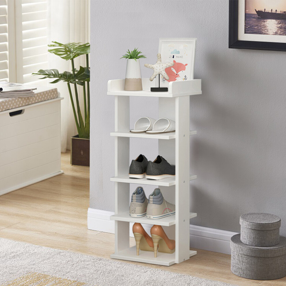 (White - 5 Tier) Wooden Shoe Rack Storage Shelf Unit Hallway Slim Shoe Cabinet Organiser