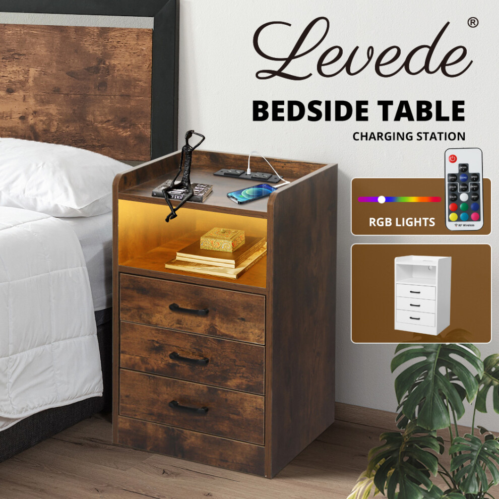 (Oak) Levede Bedside Table Nightstand USB Charger Outlet