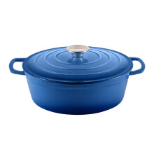 (Blue) Cast Iron Casserole Dish with Lid Cooking Pot Enamelled Oval Hob Induction Oven