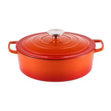 (Orange) Cast Iron Casserole Dish with Lid Cooking Pot Enamelled Oval Hob Induction Oven