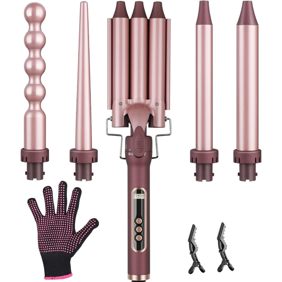 Curling iron with 3 curling irons, 5 in 1 ceramic curling iron set curling tongs, interchangeable curling irons for long/short hair, LCD display