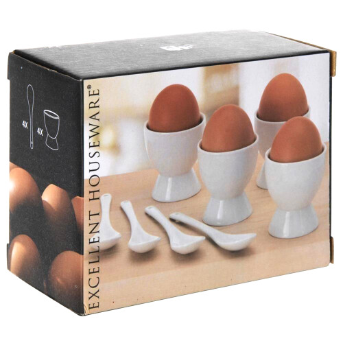 4 x Egg Cup Set Breakfast Boiled Eggs Holders Spoon Porceline 1
