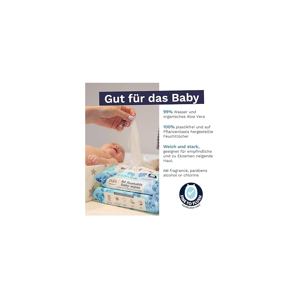 Pura Flushable Baby Wipes 12 X 60 Per Pack, (720 Water Based Wet Wipes) 100% Plastic Free, 99% Water, Suitable For Sensitive & Eczema Prone Skin Pura Store