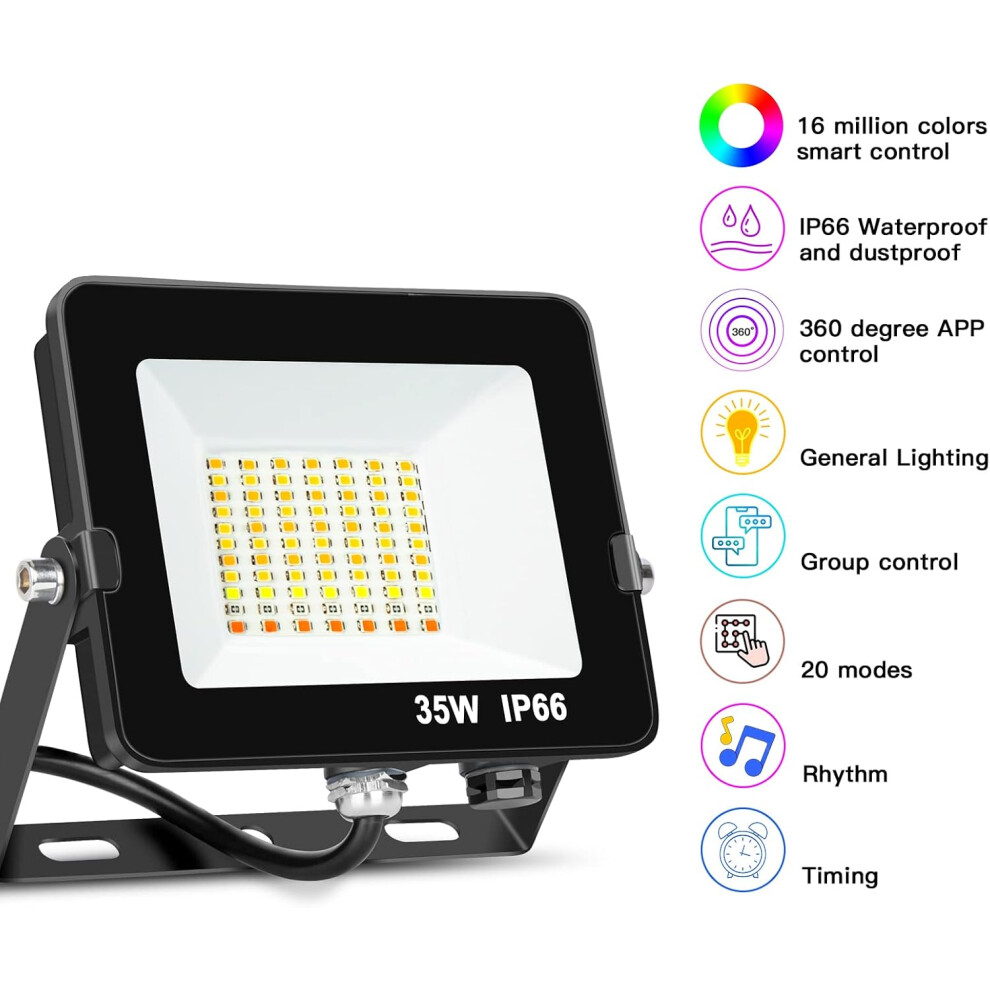 LED Floodlight Outdoor or Indoor 35W Smart RGB Colour Changing Flood Lights Bluetooth APP Control IP66 Waterproof dimmable Atmosphere Light