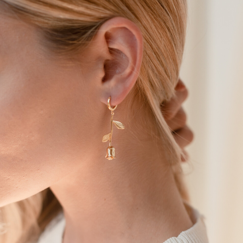Dangling Rose Earrings, Gold-Plated, Dangle Rose Charm Huggie Hoops