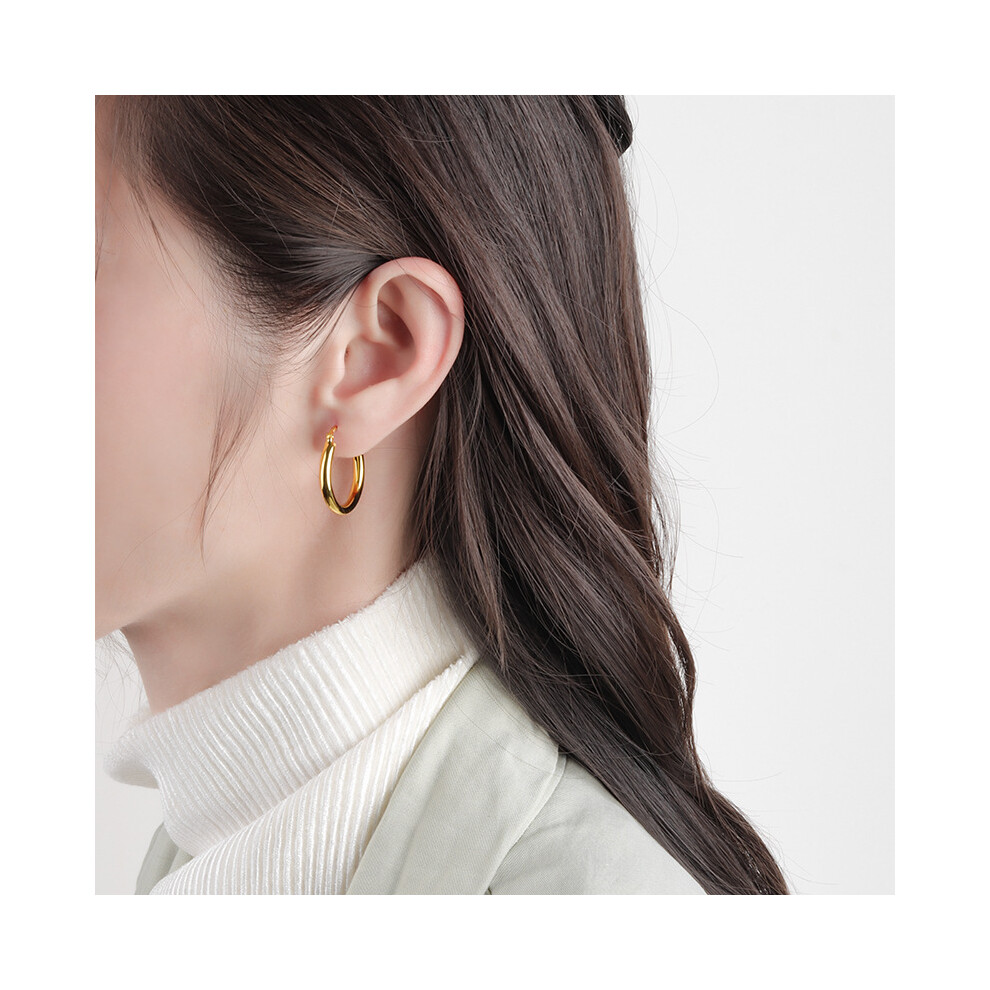 Gold Hollow Hoop Earrings for Women, 26mm Round Hoops, 3mm Thick