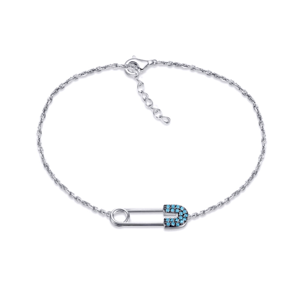Jewelco London Rhodium Silver Round Light Blue CZ Safety Pin Charm Bracelet - ABB226