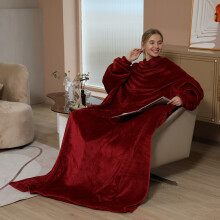 (Wine Red) Oversize Warm Blanket, Wearable Fleece Long Blanket With Sleeves Winter Soft Sherpa Weighted Sofa Blanket Long Lazy TV Blanket