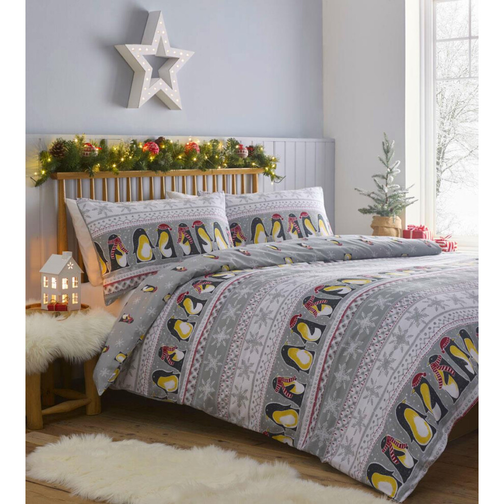 (King) Grey duvet sets winter penguins stars quilt cover pillow cases Chistmas bedding