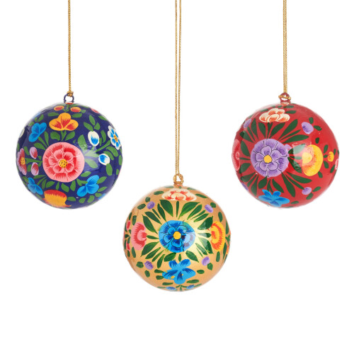 (Blue) Kashmiri Papier Mache Folk Floral Baubles - Assorted 2