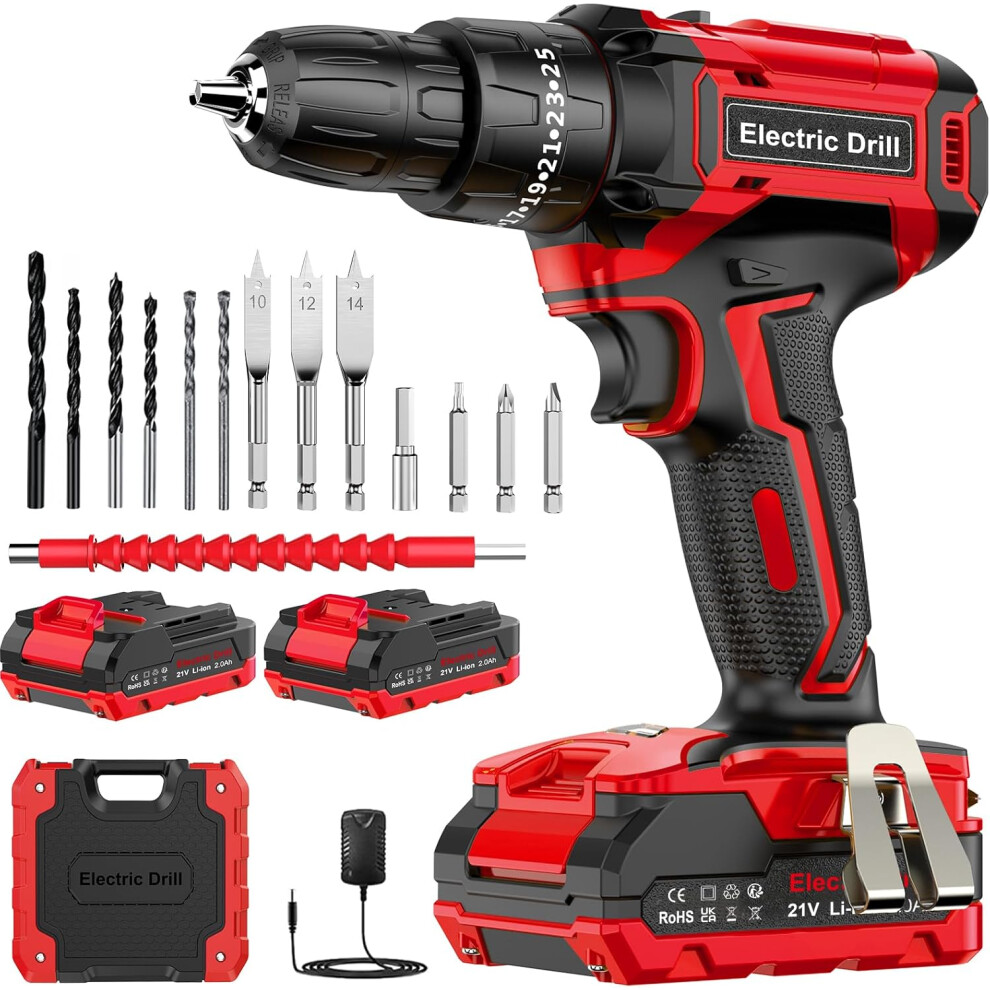 Cordless Hammer Drill with 2 2000mAh Batteries, 42N.m Max Power Drill Driver Set, 25+3 Torque, 2 Speeds, LED Light