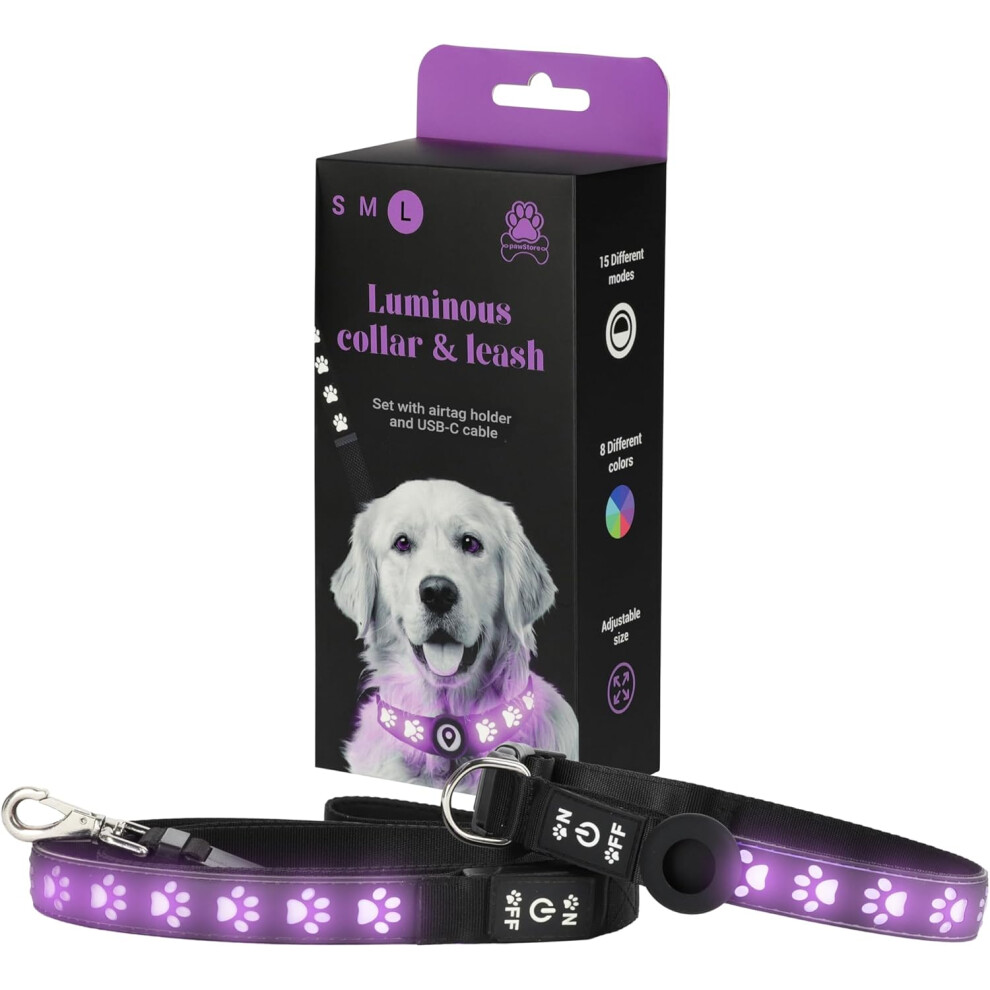 Adjustable LED Luminous Dog Collar and Lead Set with Airtag Holder