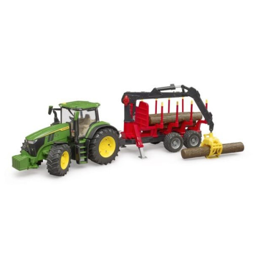 John Deere 7R con rimorchio forestale e 4 tronchi d'albero