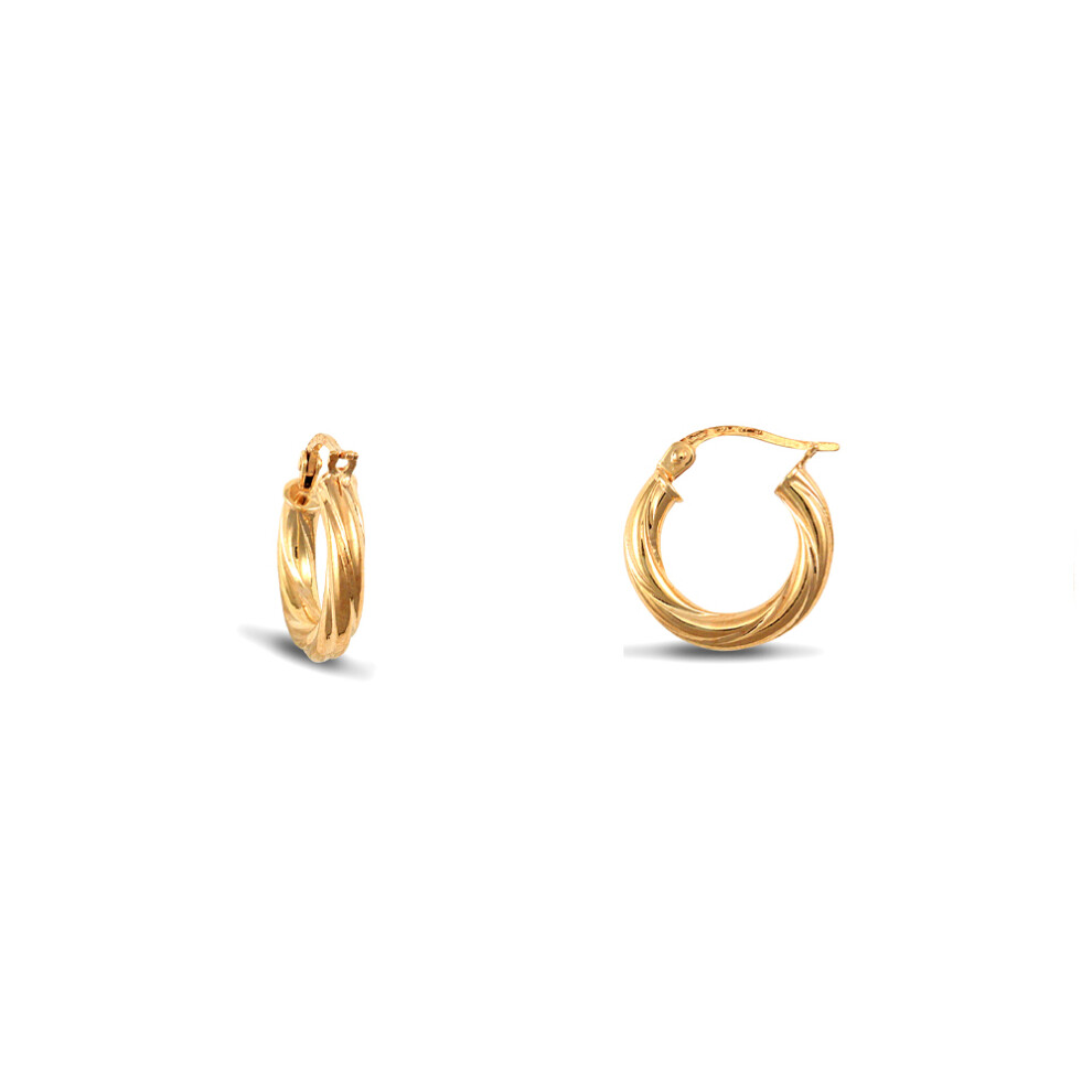 Jewelco London Ladies 14ct Yellow Gold Liqourice Rigatoni Twist 3mm Hoop Earrings 15mm - JER823A