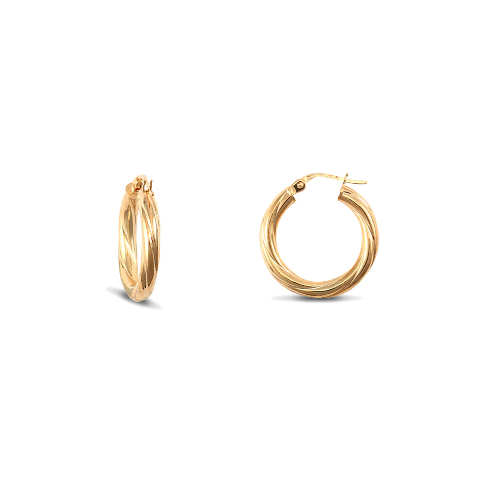 Jewelco London Ladies 14ct Yellow Gold Liqourice Rigatoni Twist 3mm Hoop Earrings 20mm - JER823B