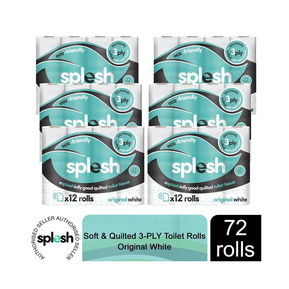 Splesh by Cusheen Quilted Luxury White 3 Ply Soft Toilet Tissue Paper 72 Rolls