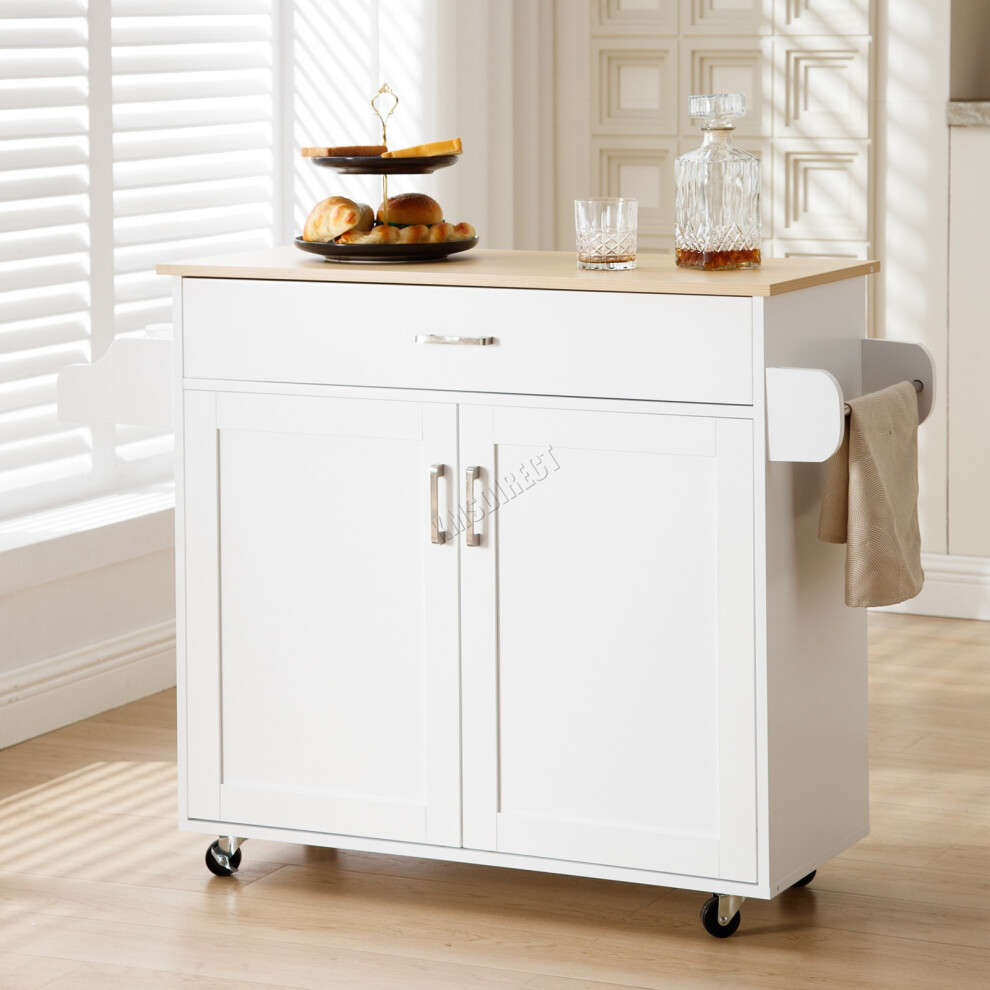 (White) WestWood Rolling Kitchen Island Large Wood Top Storage Trolley Cabinet Drawer