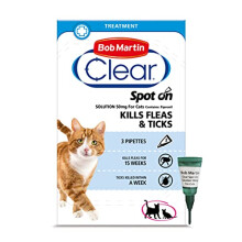 Bob Martin Clear | Spot On Flea Treatment for Cats & Ferrets | Kills Fleas & Ticks | Fast Control, 15 Week Protection (3 Pipettes)