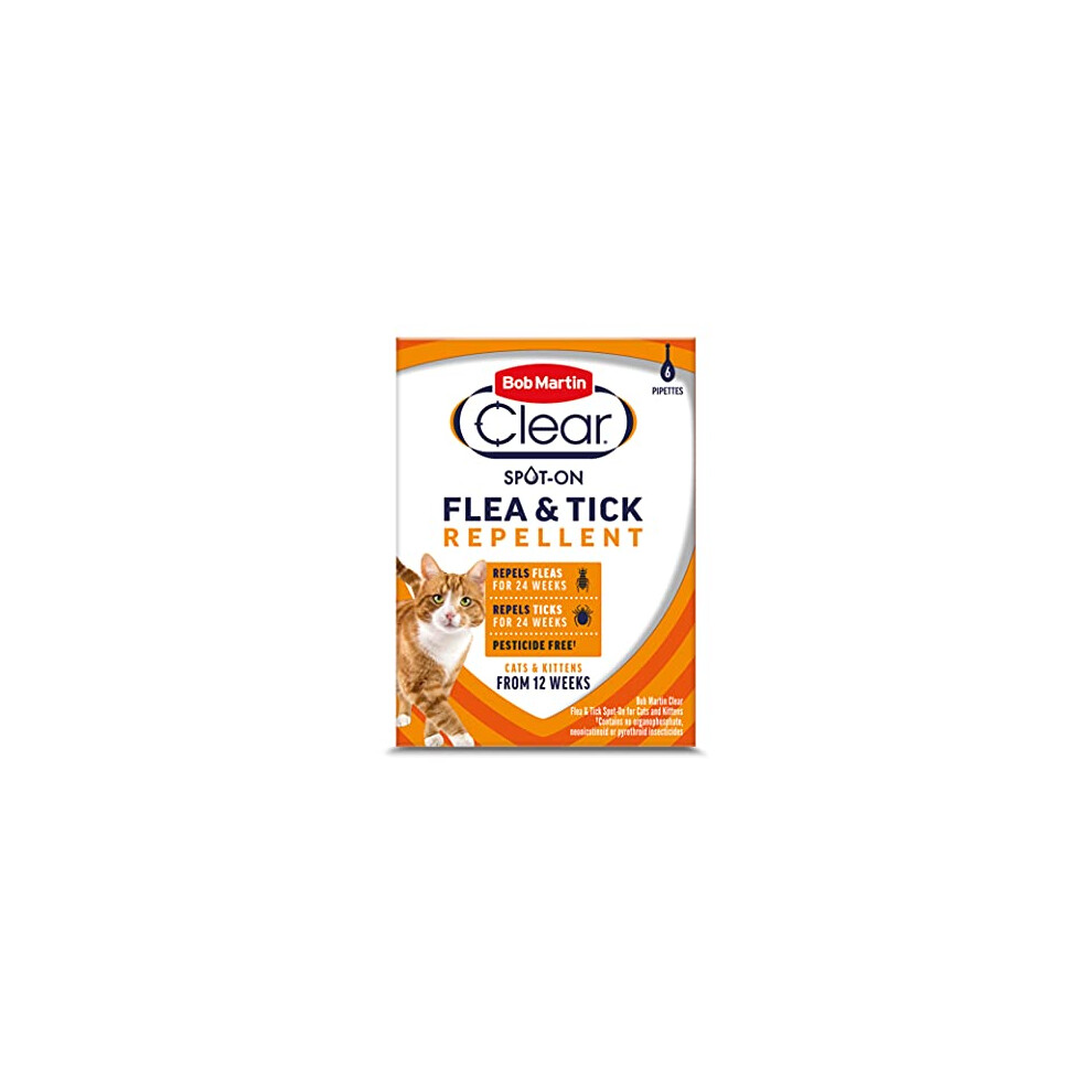 Bob Martin Clear | Spot On Flea & Tick Repellent for Cats and Kittens | Pesticide Free | Clinically Proven Protection (6 Pipettes )