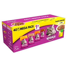 WHISKAS 1+ Cat Pouches Poultry Selection in Jelly 40x100g Mega Pack