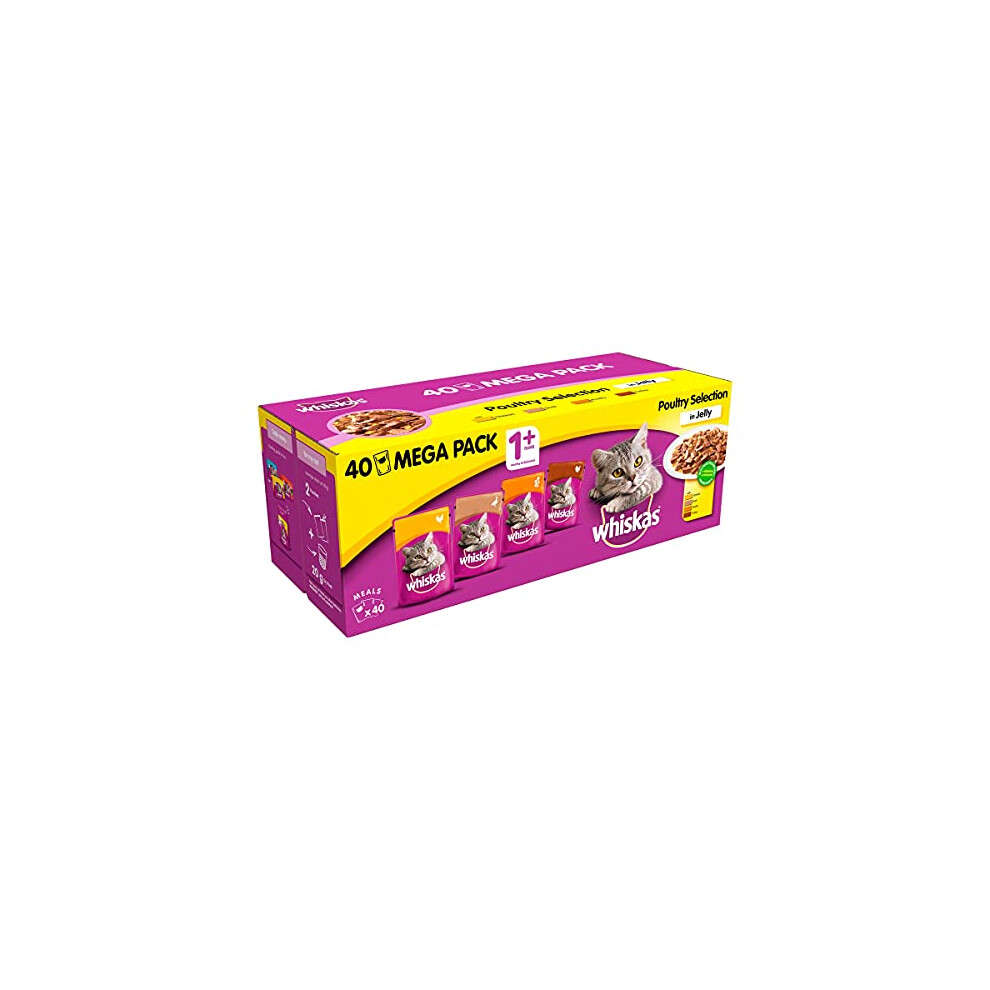 WHISKAS 1+ Cat Pouches Poultry Selection in Jelly 40x100g Mega Pack