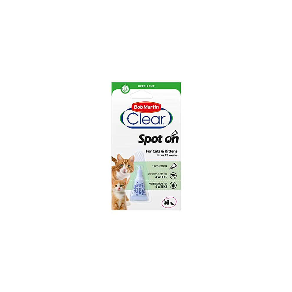 Bob Martin Clear | Flea & Tick Spot On for Cats and Kittens | Pesticide Free Repellent | Clinically Proven Prevention (1 Pipette)