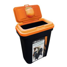 PET FOOD STORAGE CONTAINER BLACK HOLDS 15 25 KG. ORANGE LID RUBBER AIRTIGHT SEAL