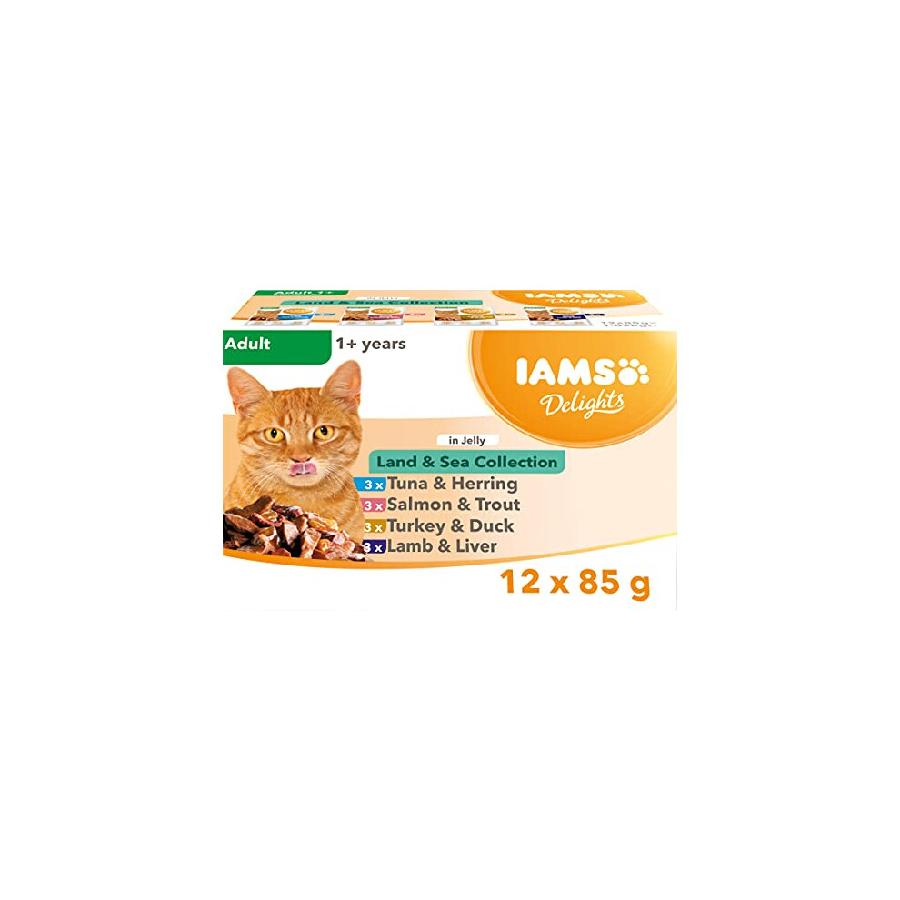 IAMS Delights Wet Food Land and Sea Collection for Adult Cats with Meat and Fish in Jelly, 12 x 85 g