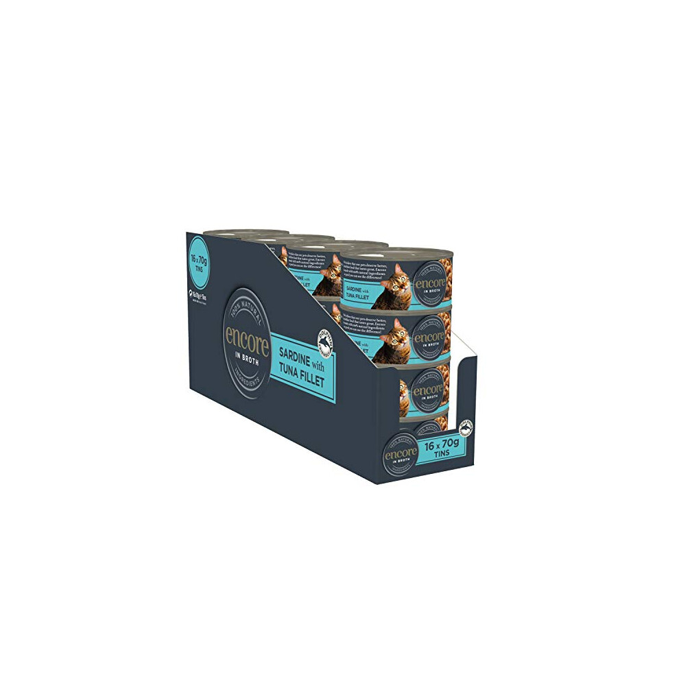 Encore 100% Natural Wet Cat Food, Sardine With Tuna Fillet In Broth, 70G (Pack Of 16)