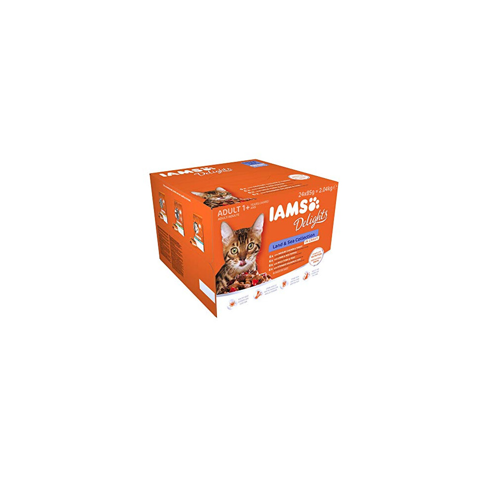 IAMS Delights Wet Food Land and Sea Collection for Adult Cats with Meat and Fish in Gravy, 24 x 85 g