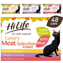HiLife it's only natural - Wet Cat Food - Luxury Meat Selection in Sauce - 100% Natural Grain Free, 48 Cans x 70g