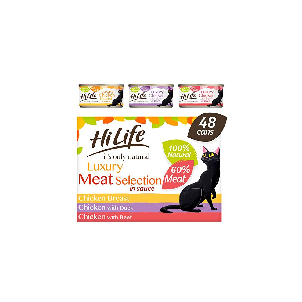 HiLife it's only natural - Wet Cat Food - Luxury Meat Selection in Sauce - 100% Natural Grain Free, 48 Cans x 70g