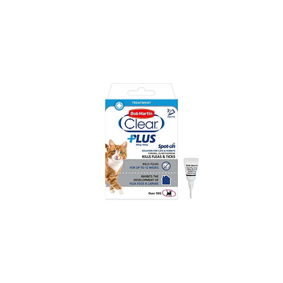Bob Martin Clear Plus | Spot On Flea Treatment For Cats & Ferrets | Instantly Kills Fleas, Ticks, Lice & Flea Eggs (3 Pipettes)