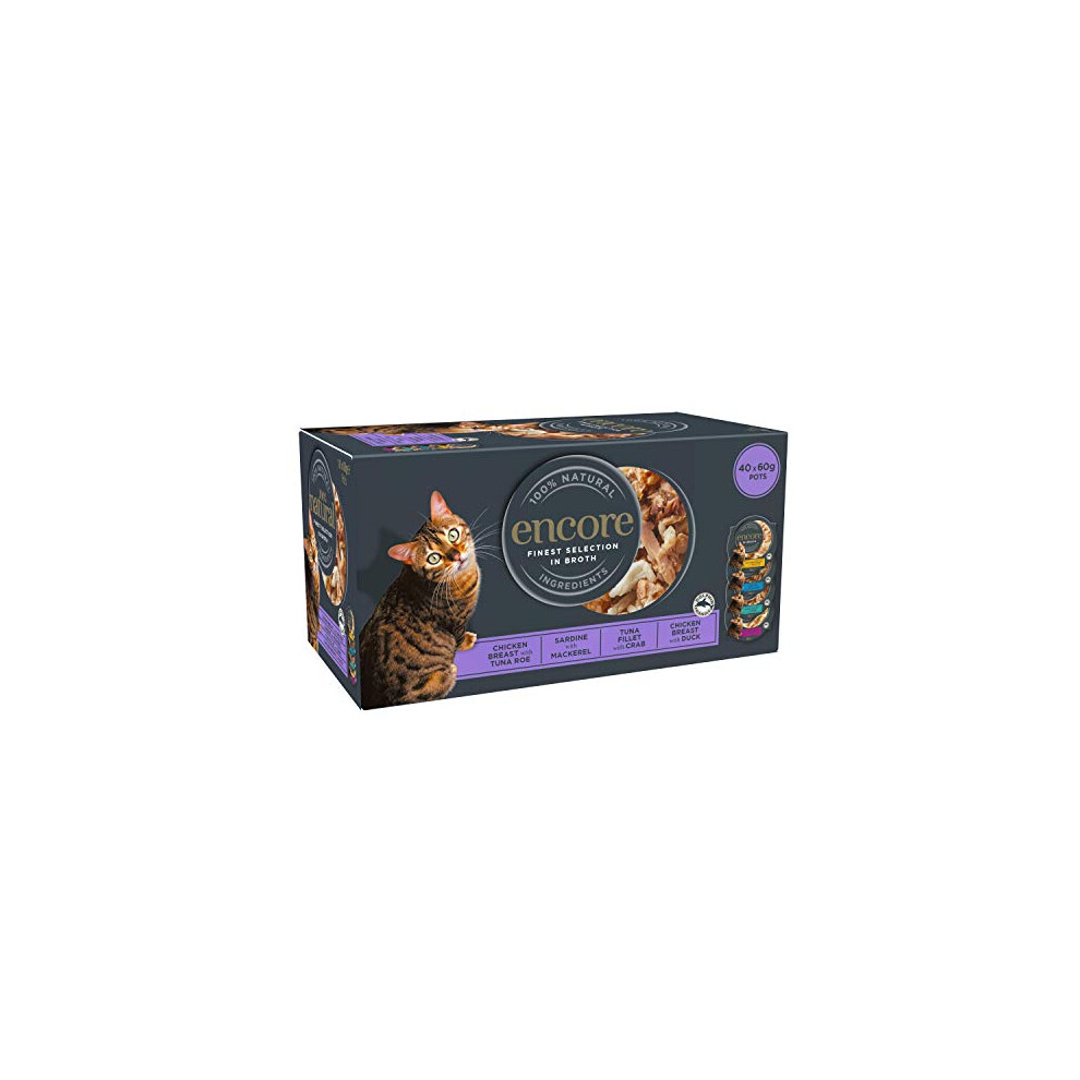 ENCORE 100% Natural Wet Cat Food Pot, Multipack Fish and Chicken Selection in Broth 60g Pot (Pack of 40)