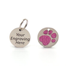 Personalised Engraved 25mm Glitter Paw Print Tag BOLD BLACK LETTERING Dog Cat Pet ID Tags (Light Pink)