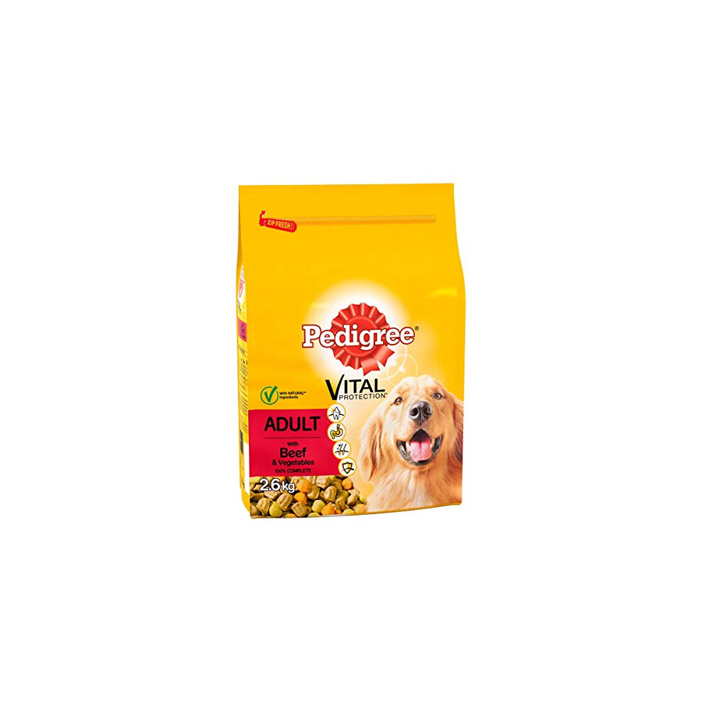 Pedigree Dry Dog Food for Adult Dogs 1+ with Beef and Vegetable, 3 Bags (3 x 2.6 kg)