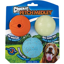 ChuckIt! Fetch Medley 3, Max Glow, Rebounce, The Whistler, Durable High Bounce Rubber Dog Ball Toy, Launcher Compatible, Medium, 3 Pack