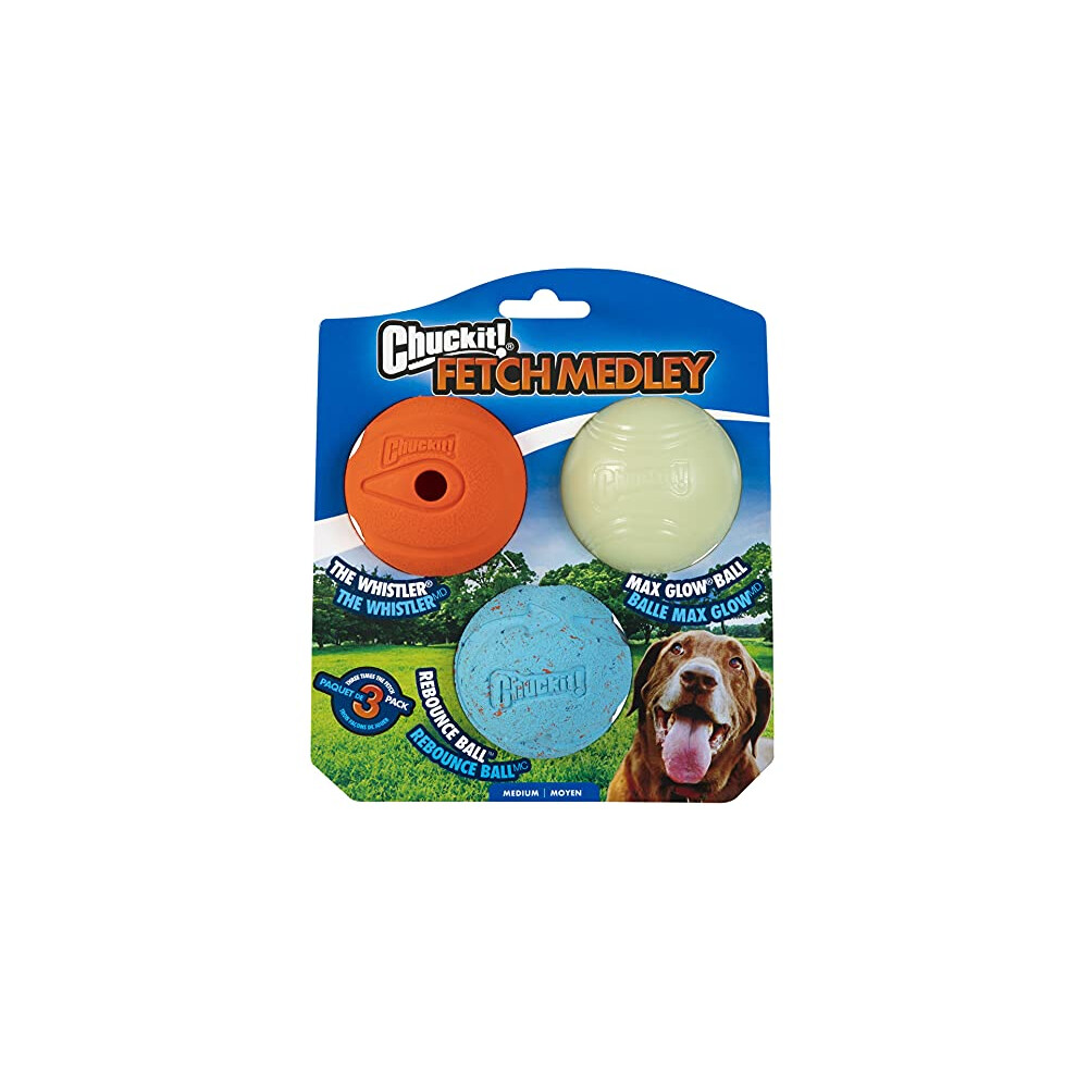 ChuckIt! Fetch Medley 3, Max Glow, Rebounce, The Whistler, Durable High Bounce Rubber Dog Ball Toy, Launcher Compatible, Medium, 3 Pack