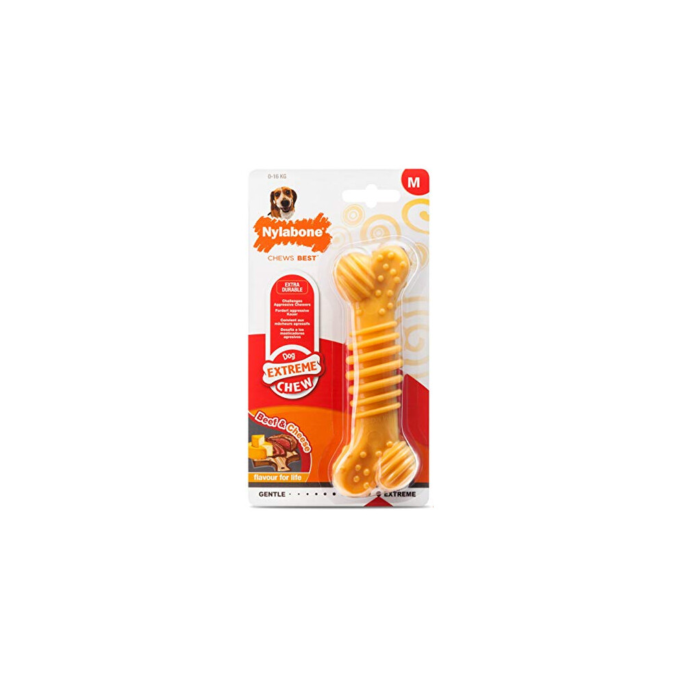 Nylabone Extreme Tough Dog Chew Toy Bone, Durable, Cleans Teeth, Beef & Cheese, Medium, For Dogs Up To 16 Kg